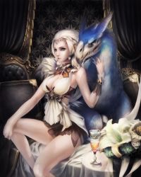 Rule 34 | 1girl, absurdres, bare shoulders, beak, bird, blonde hair, blue eyes, breasts, chair, circlet, cleavage, cleavage cutout, clothing cutout, curtains, elf, flower, glass, highres, large breasts, long hair, looking at viewer, panties, pointy ears, sitting, solo, underwear, wristband, zozoda