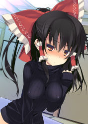 Rule 34 | 1girl, alternate costume, black hair, black sweater, blush, bow, breasts, brown eyes, covered erect nipples, hair bow, hair tubes, hakurei reimu, impossible clothes, impossible shirt, long hair, long sleeves, looking at viewer, medium breasts, naked sweater, ribbed sweater, shirt, solo, sweater, tororo (toriaezu), touhou, turtleneck