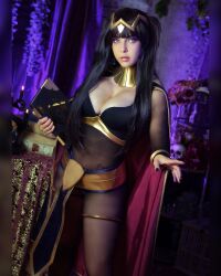 Rule 34 | 1girl, black hair, book, breasts, candle, cosplay, fire emblem, highres, instagram, large breasts, lips, long hair, nails, nintendo, pantyhose, photo (medium), real life, serious, shermie cos, skull, solo, tattoo on belly, tharja (fire emblem)
