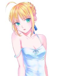 Rule 34 | 1girl, ahoge, alternate costume, artoria pendragon (all), artoria pendragon (fate), blonde hair, breasts, camisole, cleavage, collarbone, fate/stay night, fate (series), green eyes, nipi27, off shoulder, parted lips, saber (fate), small breasts, solo, strap slip, white background