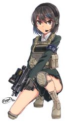 Rule 34 | 1girl, armband, bad id, bad pixiv id, boots, brown eyes, brown hair, dreadtie, gloves, gun, hair ornament, hairclip, headset, highres, holding, holding gun, holding weapon, knee pads, kneeling, load bearing vest, machine pistol, miniskirt, on one knee, original, pleated skirt, serious, simple background, skirt, solo, student council, submachine gun, uniform, uzi, vest, weapon, white background