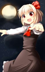 Rule 34 | 1girl, blonde hair, blush, cloud, female focus, full moon, hair ribbon, hs-totyu, kenpi (hs-totyu), long sleeves, moon, night, open mouth, outstretched arms, red eyes, ribbon, rumia, short hair, sky, solo, touhou