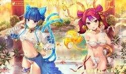 Rule 34 | 2girls, alternate costume, animal ears, bare shoulders, bell, bell earrings, blue hair, blunt bangs, breasts, cat ears, commission, duel monster, earrings, energy tail, english text, fundoshi, ha-re the sword mikanko, hand on own cheek, hand on own face, hand up, highres, hsin, japanese clothes, jewelry, long sleeves, medium breasts, multicolored hair, multiple girls, multiple tails, nail polish, ni-ni the mirror mikanko, onsen, outdoors, purple hair, red eyes, red hair, short hair, skirt, swimsuit, tail, thigh strap, tree, twintails, twitter username, two-tone hair, two tails, wide sleeves, yu-gi-oh!