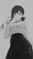 Rule 34 | 1girl, absurdres, black hair, black pants, chainsaw man, chilakkk, collared shirt, grey background, greyscale, hair ornament, hairclip, higashiyama kobeni, highres, holding, holding knife, knife, looking at viewer, medium hair, mole, mole under eye, mole under mouth, monochrome, multiple moles, pants, parted lips, shirt, shirt tucked in, short ponytail, simple background, single sidelock, solo, swept bangs, tearing up