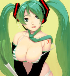 Rule 34 | 1girl, bad id, bad pixiv id, bare shoulders, breasts, cleavage, green hair, hatsune miku, kouno (masao), large breasts, necktie, solo, spring onion, strap slip, striped, tongue, twintails, upper body, vocaloid