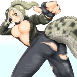 Rule 34 | &gt;:), alternate breast size, arms up, ass, asymmetrical hair, bent over, black gloves, black pants, braid, breasts, closed mouth, clothing cutout, crocodilian tail, denim, eyebrows, fingerless gloves, fingernails, foreshortening, french braid, gloves, green hair, green jacket, hakumaiya, high ponytail, highres, jacket, jeans, kemono friends, large breasts, legs apart, long hair, looking at viewer, multicolored hair, no bra, outstretched arm, pants, partially unzipped, pointing, pointing at viewer, pointy ears, saltwater crocodile (kemono friends), smile, spikes, stomach, tail, tail through clothes, torn clothes, torn jeans, torn pants, twisted torso, v-shaped eyebrows, zipper