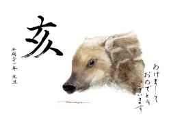 Rule 34 | akeome, animal focus, boar, chinese zodiac, happy new year, horikou, looking at viewer, new year, original, piglet, signature, solo, white background, year of the pig