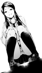 Rule 34 | 1girl, greyscale, kneehighs, loafers, long hair, looking at viewer, miniskirt, monochrome, necktie, panties, pantyshot, parted lips, school uniform, shoes, skirt, smile, socks, solo, squatting, sweater, tokyo 7th sisters, tomohiro kai, twintails, underwear, yukuhashi ei