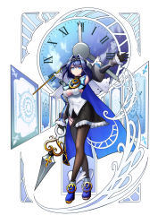 Rule 34 | 1girl, absurdres, arm up, black gloves, black skirt, black thighhighs, blue bow, blue bowtie, blue eyes, bow, bowtie, breasts, chain, chain headband, cleavage, cleavage cutout, clock, clothing cutout, dagger, full body, gloves, hair intakes, head chain, highres, holding, holding weapon, hololive, hololive english, jewelry, knife, large breasts, ouro kronii, realapple, roman numeral, sideboob, skirt, solo, striped clothes, striped skirt, thighhighs, veil, virtual youtuber, weapon, white veil