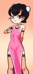 Rule 34 | 1girl, arm behind back, black hair, blush, bun cover, china dress, chinese clothes, collarbone, detached sleeves, double bun, drantyno, dress, flat chest, hair bun, long sleeves, looking at viewer, megu (ryuhi), orange background, pink dress, purple eyes, short hair, side slit, sleeveless, sleeveless dress, smile, standing, thighhighs