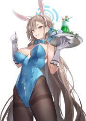 Rule 34 | 1girl, animal ears, asuna (blue archive), asuna (bunny) (blue archive), bad id, bad twitter id, bare shoulders, blue archive, blue eyes, blue leotard, bow, bowtie, breasts, brown hair, brown pantyhose, covered navel, cowboy shot, cream, fake animal ears, food on body, food on breasts, gloves, grin, hands up, highleg, highleg leotard, highres, holding, kaerunoko, large breasts, leotard, long hair, looking at viewer, mole, mole on breast, pantyhose, playboy bunny, pouring, pouring onto self, rabbit ears, serving, smile, solo, strapless, strapless leotard, thighband pantyhose, traditional bowtie, tray, tropical drink, very long hair, white gloves