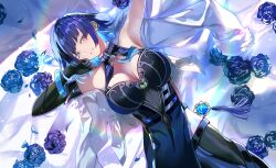 Rule 34 | 1girl, absurdres, armpits, asymmetrical gloves, bare shoulders, bead choker, black hair, blue flower, blue hair, bob cut, breasts, cleavage, commentary request, diagonal bangs, dice, elbow gloves, feather-trimmed jacket, feather collar, flower, genshin impact, gloves, green eyes, highres, large breasts, looking at viewer, lying, mismatched gloves, mole, mole on breast, multicolored hair, neck tassel, sas (ls08b), short hair, single elbow glove, smile, solo, tassel choker, waist cutout, yelan (genshin impact)