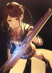Rule 34 | 1girl, animification, assault lily, backlighting, black background, black footwear, black jacket, boots, bow, bowtie, braid, brown eyes, brown hair, buttons, closed mouth, collared shirt, cosplay, from above, full body, glint, gradient background, hair bow, hand up, holding, holding weapon, jacket, juliet sleeves, kishimoto lucia raimu, kishimoto lucia raimu (cosplay), knee boots, lace-up, light particles, long sleeves, looking at viewer, looking up, ludvico private girls&#039; academy school uniform, medium hair, miniskirt, miyase reina, nagareboshi, open clothes, open jacket, pink bow, pink bowtie, pink skirt, plaid, plaid skirt, pleated skirt, puffy sleeves, real life, school uniform, shadow, shirt, sidelocks, skirt, solo, spotlight, standing, swept bangs, thighhighs, twin braids, twintails, two-handed, underbust, voice actor, voice actor connection, weapon, white bow, white shirt, white thighhighs