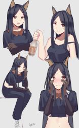 Rule 34 | 1girl, :d, absurdres, animal ears, arknights, black hair, black pants, black shirt, black tank top, blush, bottle, breasts, brown eyes, brown gloves, closed mouth, crop top, cropped torso, crossed arms, dobermann (arknights), dog ears, gar32, gloves, grey background, hand up, hands on own face, hands up, highres, holding, holding bottle, layered sleeves, long hair, long sleeves, medium breasts, midriff, mole, mole under eye, multiple views, navel, nose blush, open mouth, pants, parted bangs, shirt, short eyebrows, short over long sleeves, short sleeves, signature, simple background, sitting, smile, strap slip, tank top, teeth, thick eyebrows, upper body, upper teeth only, wavy mouth