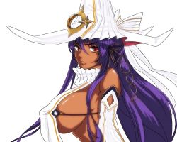 Rule 34 | 1girl, akiko ane san, bare shoulders, breasts, cacus (destiny child), dark-skinned female, dark skin, destiny child, hair ribbon, hat, large breasts, long hair, looking at viewer, mole, mole under eye, purple hair, red eyes, revealing clothes, ribbon, sideboob, witch hat