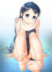 Rule 34 | 1girl, barefoot, black one-piece swimsuit, blue eyes, blue hair, blush, breasts, closed mouth, commentary request, feet, gradient hair, kantai collection, long hair, looking at viewer, mae (maesanpicture), multicolored hair, off shoulder, one-piece swimsuit, samidare (kancolle), simple background, small breasts, solo, swimsuit, twitter username, very long hair, water, wet, wet hair