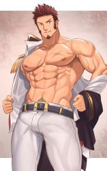 Rule 34 | 1boy, abs, bara, bare pectorals, belt, blue eyes, brown hair, bulge, come hither, cross scar, epaulettes, erection, erection under clothes, facial hair, fate/grand order, fate (series), feet out of frame, fringe trim, goatee, jacket, large pectorals, long sideburns, long sleeves, looking at viewer, male focus, mature male, military, military uniform, muscular, muscular male, napoleon bonaparte (fate), navel, navel hair, nipples, nullq (nullqllun), open clothes, open jacket, open shirt, pants, pectorals, scar, scar on chest, seductive smile, short hair, sideburns, single bare shoulder, smile, solo, stomach, thick thighs, thighs, tight clothes, undressing, uniform, veins, white pants
