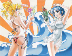 Rule 34 | 2girls, :d, animal print, arm up, armpits, ass, back, banpresto, bikini, blonde hair, blue eyes, blue hair, blunt bangs, breasts, butt crack, casual one-piece swimsuit, cup, dimples of venus, drink, drinking glass, drinking straw, excellen browning, fingernails, floral print, flower, food, from behind, front-tie top, happy, hibiscus, high ponytail, ice cream, kouno sachiko, kusuha mizuha, large breasts, leopard print, lipstick, long fingernails, long hair, looking at viewer, looking back, makeup, multiple girls, mushroom, nail polish, official art, one-piece swimsuit, open mouth, parted bangs, pink nails, ponytail, rising sun flag, see-through, short hair, side-tie bikini bottom, sideboob, sidelocks, skirt, smile, standing, string bikini, striped, striped background, sunburst, sundae, super robot wars, super robot wars original generation, swimsuit, thighs, underboob, waves, wavy hair, white one-piece swimsuit