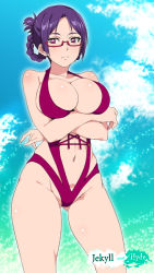 Rule 34 | 10s, 1girl, body blush, braid, breast hold, breasts, casual one-piece swimsuit, cloud, crossed arms, day, folded ponytail, glasses, large breasts, mizuki makoto, navel, one-piece swimsuit, purple one-piece swimsuit, ridget (suisei no gargantia), sky, solo, suisei no gargantia, swimsuit
