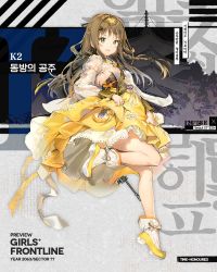 Rule 34 | 1girl, anmi, assault rifle, boots, braid, breasts, brown eyes, brown hair, commentary request, dress, flower, full body, girls&#039; frontline, gun, hair ornament, hairclip, k2 (far east princess) (girls&#039; frontline), k2 (girls&#039; frontline), leg up, long hair, long sleeves, medium breasts, official alternate costume, official art, open mouth, rifle, see-through, simple background, smile, solo, weapon