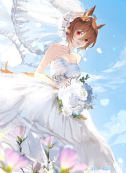 Rule 34 | 1girl, agnes tachyon (umamusume), ahoge, aiha-deko, alternate costume, animal ears, artist name, bare shoulders, blurry, blurry foreground, blush, bouquet, breasts, bridal veil, brown hair, choker, cleavage, collarbone, dress, flower, gloves, holding, holding bouquet, horse ears, horse girl, horse tail, lace, lace gloves, looking at viewer, medium breasts, open mouth, outdoors, red eyes, short hair, smile, solo, strapless, strapless dress, tail, umamusume, veil, wedding dress, white dress