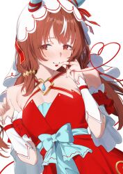 Rule 34 | 1girl, animal ears, breasts, brown hair, chest jewel, cleavage, collarbone, commentary request, detached sleeves, fingernails, highres, horse ears, horse girl, kagari liroi, long hair, looking at viewer, red eyes, ribbon, simple background, small breasts, smile, solo, still in love (umamusume), string, string of fate, umamusume, veil, white background