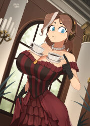 Rule 34 | 1girl, :3, bare shoulders, barleyshake, black gloves, blue eyes, breasts, brown hair, candle, cleavage, collarbone, cowboy shot, cup, day, dress, gloves, headphones, highres, index finger raised, indoors, jewelry, large breasts, linette (barleyshake), looking at viewer, medium hair, multicolored hair, necklace, object on breast, original, pearl necklace, red dress, saucer, shadow, smile, solo, streaked hair, striped clothes, striped dress, teacup, window