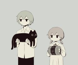 Rule 34 | 1boy, 1girl, accordion, animal, avogado6, blouse, cat, collared shirt, commentary, expressionless, grey background, greyscale, holding, holding animal, holding cat, instrument, jitome, long sleeves, low twintails, monochrome, muted color, original, shirt, short hair, simple background, standing, tagme, twintails, white shirt