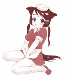Rule 34 | animal ears, copyright request, dog ears, dog tail, full body, hat, inuburo, kneehighs, long hair, monochrome, red theme, simple background, sitting, socks, solo, tail, twintails, waitress, white background