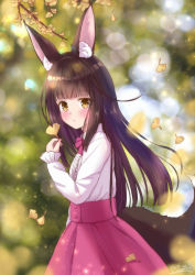 Rule 34 | 1girl, :o, alternate costume, animal ear fluff, animal ears, azur lane, black hair, blunt bangs, blush, center frills, falling leaves, falling petals, fox ears, fox girl, fox tail, frilled sleeves, frills, from side, high-waist skirt, hime cut, leaf, long hair, long sleeves, looking at viewer, m ko (maxft2), nagato (azur lane), neck ribbon, outdoors, petals, red ribbon, red skirt, ribbon, shirt, skirt, sleeves past wrists, solo, standing, tail, upper body, white shirt, yellow eyes