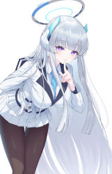 Rule 34 | 1girl, absurdres, blue archive, breasts, grey hair, hancho, highres, large breasts, long hair, long sleeves, looking at viewer, necktie, noa (blue archive), pantyhose, purple eyes, simple background, smile, solo