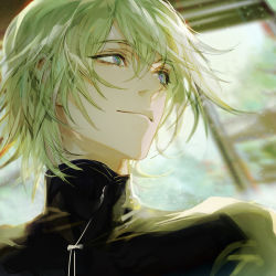 Rule 34 | 1boy, bishounen, blurry, blurry background, closed mouth, ears visible through hair, eyes visible through hair, green eyes, green hair, green theme, haban (haban35), hair between eyes, highres, light green hair, light particles, light rays, male focus, original, smile, solo, turtleneck, upper body, window