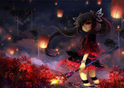 Rule 34 | 1girl, bad id, bad pixiv id, black hair, cloud, flower, huazha01, lantern, long hair, looking at viewer, night, original, red eyes, skirt, solo, spider lily, twintails, wading, wand, water