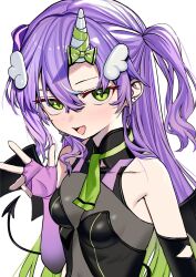 Rule 34 | 1girl, amanogawa neru, fingerless gloves, gloves, green eyes, highres, horns, long hair, luicent, open mouth, purple gloves, purple hair, re-ply, simple background, single horn, smile, solo, two side up, virtual youtuber, white background, white horns, wing hair ornament