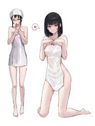 Rule 34 | 1girl, absurdres, bare shoulders, black hair, black nails, blunt bangs, bob cut, breasts, bright pupils, brown eyes, closed mouth, collarbone, covering privates, facial mark, full body, glasses, heart, highres, holding, jitome, kneeling, looking at viewer, mac star, medium breasts, medium hair, mouth hold, nail polish, naked towel, nude cover, original, projected inset, see-through silhouette, sexually suggestive, simple background, smile, solo, speech bubble, spoken heart, standing, star (symbol), star facial mark, towel, towel on head, tsurime, white background