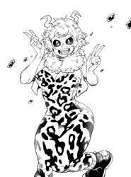 Rule 34 | 10s, 1girl, :d, ashido mina, bare arms, bare shoulders, black sclera, boku no hero academia, bra, breasts, buttons, cleavage, colored sclera, cowboy shot, double v, fangs, feet out of frame, fur collar, greyscale, hands up, hip focus, horns, knees together feet apart, large breasts, looking at viewer, monochrome, open clothes, open mouth, open vest, sakurai energy, short hair, smile, solo, standing, standing on one leg, strapless, strapless bra, underwear, unitard, v, vest