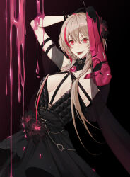 Rule 34 | 1girl, absurdres, arms behind head, black choker, black dress, black gloves, blonde hair, blush, breasts, choker, dress, dress flower, flower, girls&#039; frontline, gloves, hair flower, hair ornament, highres, long hair, looking at viewer, m4 sopmod ii (devourer of the feast) (girls&#039; frontline), m4 sopmod ii (girls&#039; frontline), mechanical arms, medium breasts, multicolored hair, official alternate costume, open mouth, parted lips, red eyes, shinyuxo, single mechanical arm, solo, standing, streaked hair, teeth, tongue, upper body, upper teeth only