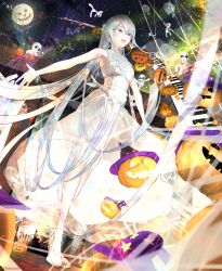 Rule 34 | 1girl, absurdres, artist name, blue eyes, commentary, dress, earrings, fang, full moon, grey hair, halloween, hat, hidulume, high heels, highres, instrument, jack-o&#039;-lantern, jewelry, keyboard (instrument), long dress, long hair, looking to the side, moon, mummy, open mouth, original, ponytail, puppet, puppet strings, silk, skin fang, sleeveless, sleeveless dress, smile, solo, spider web, standing, star (symbol), sunset, very long hair, white dress, white footwear, witch hat