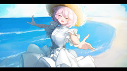 Rule 34 | 1girl, absurdres, animal ear fluff, animal ears, beach, blush, bow, buttons, cat ears, cat girl, closed eyes, cloud, commentary request, dress, fang, frilled dress, frilled sleeves, frills, hair between eyes, hat, highres, letterboxed, matoi (c10h12n2omatoi), nyatasha nyanners, open mouth, outstretched arms, pink hair, short hair, short sleeves, sky, smile, solo, spread arms, straw hat, sun hat, virtual youtuber, vshojo, waist bow, water, waves, white dress