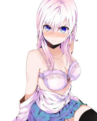 Rule 34 | &gt;:(, 1girl, absurdres, black thighhighs, blue eyes, blush, bra, breasts, buttons, cleavage, highres, long hair, looking at viewer, off shoulder, original, pleated skirt, shirt, silver hair, simple background, skirt, solo, thighhighs, underwear, white bra, white shirt, yorughi