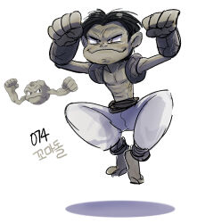 1boy barefoot black_hair clenched_hands closed_mouth colored_skin creatures_(company) floating full_body game_freak gen_1_pokemon geodude grey_pants grey_skin male_focus nintendo pants pectorals personification pokemon reference_inset shadow short_hair simple_background tamtamdi translated white_background