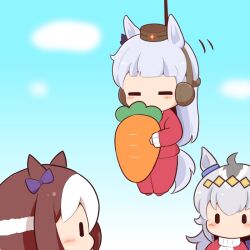 Rule 34 | 3girls, animal ears, blue sky, blush stickers, bow, brown hair, brown hat, carrot, chibi, closed eyes, cloud, day, ear bow, ear covers, food, gold ship (umamusume), gomashio (goma feet), grey hair, hanging, hat, holding, holding food, horse ears, horse girl, horse tail, jacket, long hair, motion lines, multicolored hair, multiple girls, oguri cap (umamusume), outdoors, pants, purple bow, red footwear, red jacket, red pants, rope, shoes, sky, special week (umamusume), tail, track jacket, track pants, track suit, two-tone hair, umamusume, very long hair, white hair