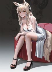 Rule 34 | 1girl, animal ears, arknights, arms on knees, bare legs, black footwear, blemishine (arknights), blonde hair, blush, breasts, choker, cleavage, collarbone, crossed arms, dress, gradient background, hair ribbon, high heels, highres, horse ears, horse girl, horse tail, large breasts, light smile, long hair, long legs, notgustiarp, orange eyes, red nails, ribbon, see-through, see-through sleeves, sitting, solo, tail, white choker, white dress