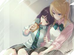 Rule 34 | 2girls, ayase eli, bad id, bad twitter id, blonde hair, blue eyes, bow, bowtie, bubble tea, collared shirt, commentary request, dress shirt, drinking, drinking straw, green eyes, hair ornament, hair scrunchie, high ponytail, long hair, love live!, love live! school idol project, low twintails, multiple girls, necktie, pink scrunchie, pink shirt, pleated skirt, ponytail, purple hair, school uniform, scrunchie, shirt, sitting, skirt, sleeves rolled up, striped bow, striped bowtie, striped clothes, striped neckwear, swept bangs, tojo nozomi, twintails, vest, white shirt, white vest, zawawa (satoukibi1108)