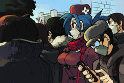 Rule 34 | 1girl, alex ahad, bag, blue hair, breasts, casual, coat, comiket, crowd, hat, mask, mouth mask, otaku, red eyes, satchel, scarf, skullgirls, solo focus, surgical mask, tokyo big sight, valentine (skullgirls), winter clothes