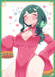 Rule 34 | 1girl, absurdres, blush, breasts, cleavage, closed eyes, clothing request, clover hair ornament, green hair, hair ornament, highres, indie virtual youtuber, large breasts, licking lips, long hair, long sleeves, simple background, standing, sumi suya, sunao na kapipara, thighs, tongue, tongue out, virtual youtuber, white background