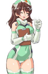 Rule 34 | 10s, 1girl, :d, bad id, bad pixiv id, bare shoulders, breasts, bright feather (busou shinki), brown hair, busou shinki, clipboard, closed eyes, dd (ijigendd), doll joints, glasses, hand gesture, hat, joints, large breasts, leotard, long hair, nurse, nurse cap, open mouth, rimless eyewear, sexually suggestive, smile, solo, thigh gap, thighhighs, thighs
