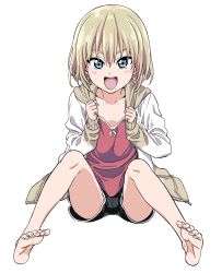 Rule 34 | 10s, 1girl, bare legs, barefoot, blonde hair, blue eyes, blush, commentary request, fang, feet, full body, girls und panzer, highres, hiroyuki, hood, hoodie, katyusha (girls und panzer), long sleeves, looking at viewer, open clothes, open hoodie, open mouth, short hair, shorts, sitting, smile, soles, solo, spread legs, toes