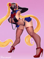 Rule 34 | 1girl, absurdres, adapted costume, alternate breast size, areola slip, armpits, bdsm, bent over, bikini tan, bishoujo senshi sailor moon, black panties, blue eyes, blue skirt, bow, breasts, choker, collar, commission, covered erect nipples, crescent, criss-cross halter, elbow gloves, eyeliner, eyeshadow, fingerless gloves, fingernails, fishnet thighhighs, fishnets, gimp mask, gloves, gluteal fold, hair ornament, halterneck, hand on own hip, high heels, highleg, highleg panties, highres, holding, holding leash, huge breasts, latex, latex gloves, latex panties, leash, legs, lips, lipstick, long fingernails, long hair, makeup, mask, microskirt, nail polish, navel, outline, panties, pink background, pink nails, pixiepowderpuff, puckered lips, red bow, red footwear, sailor collar, sailor moon, sailor senshi, sailor senshi uniform, sideboob, skirt, slave, solo, spiked choker, spikes, stiletto heels, studded armlet, tan, tanline, thick thighs, thighhighs, thighs, tiara, tsukino usagi, twintails, underwear, v, v over eye, very long hair