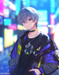Rule 34 | 1boy, black choker, black jacket, black shirt, blue eyes, blue hair, blurry, blurry background, choker, closed mouth, commentary request, copyright notice, copyright request, fukahire (ruinon), hands in pockets, jacket, jewelry, light particles, looking at viewer, male focus, necklace, off shoulder, open mouth, outdoors, shirt, short hair, smile, solo, upper body, utaite